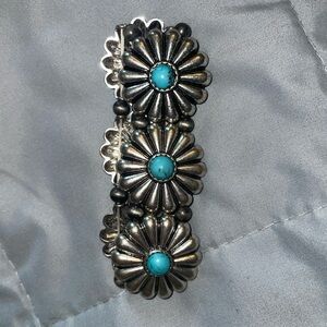 faux Silver Daisy Concho Bracelet with Turquoise Accents